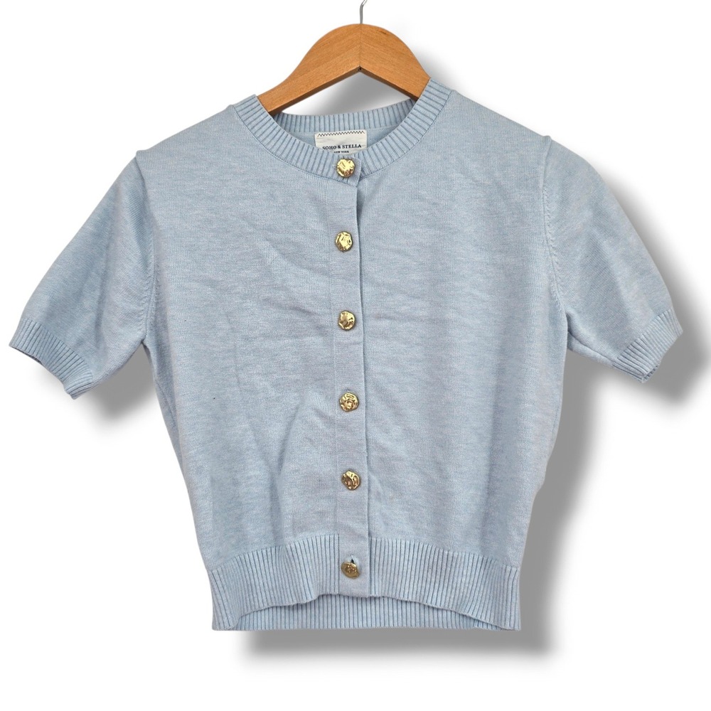 Soho & Stella Light Blue Short Sleeve Cardigan Hammered Gold Buttons Size M